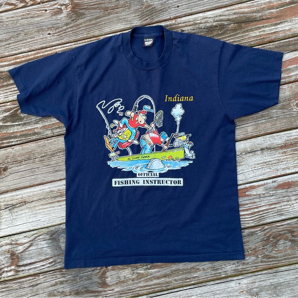 Vintage 1989 90s Funny Official Fishing Instructor Indiana Souvenir T-shirt